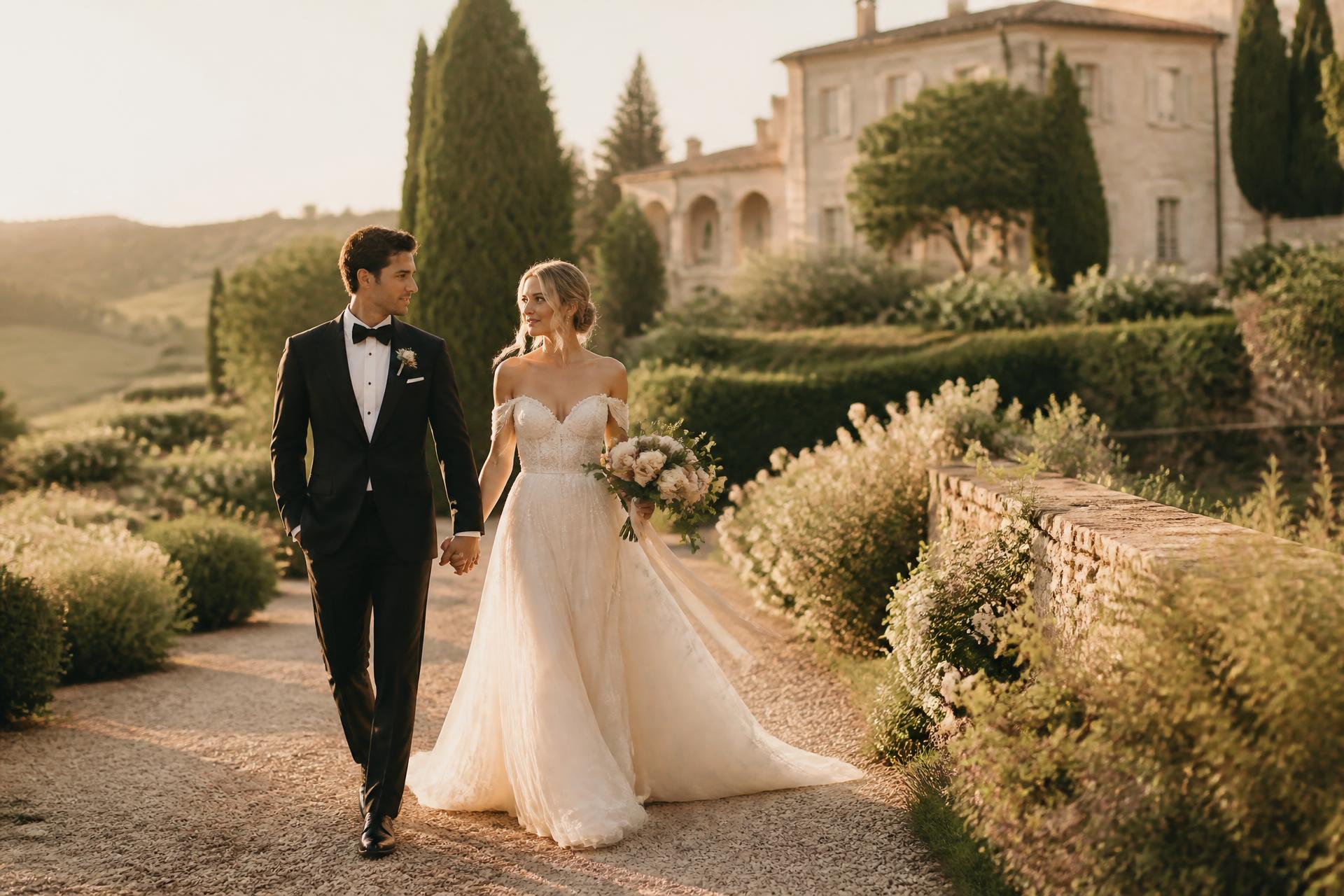 A couple walking hand in hand through a countryside estate garden at golden hour